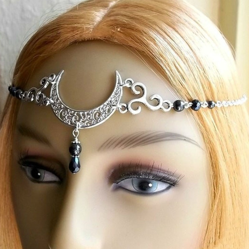 WiccMoon Circlet, Pagan Headdress Wiccan Head Chain Moon &amp; Triskele Headpiece Gothic Head Chain