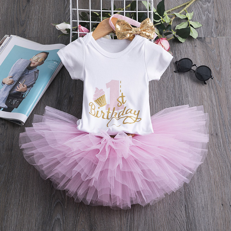 Baby fødselsdagskjole 1 år 3 stk outfits spædbarn småbørn pige tøj nyfødt baby tyl tutu vestido et år print tøj