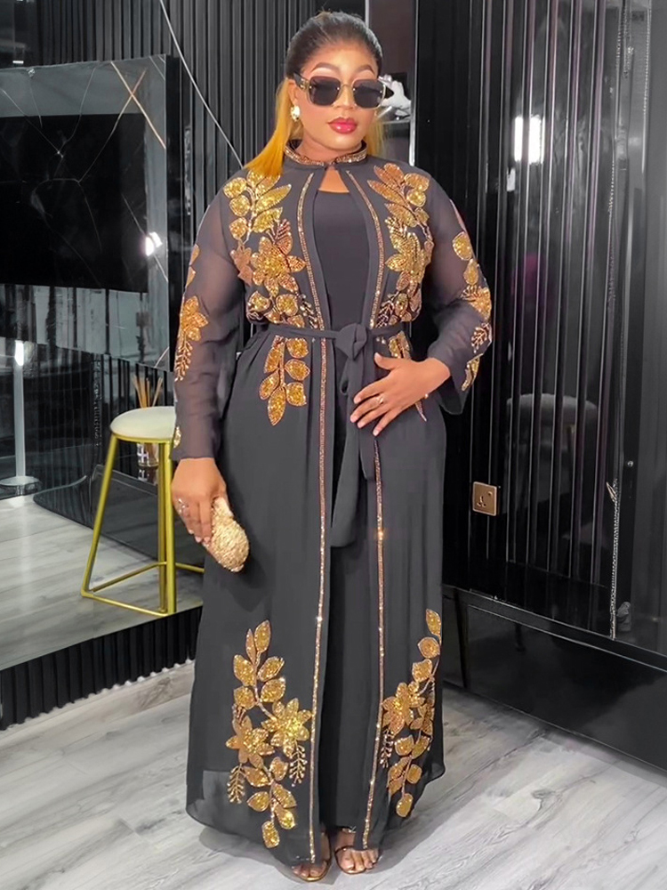 2025 chiffon vestidos de manga longa dubai luxo abayas para mulheres muçulmano 2 pçs conjunto roupas caftan marocain festa baile noite vestido: L / Preto