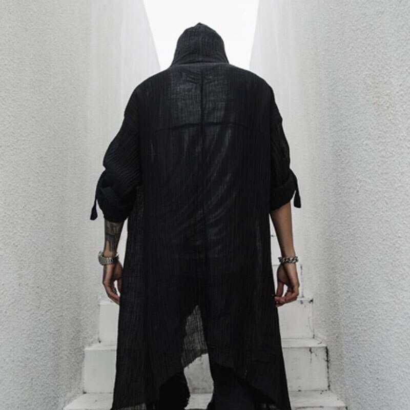 Discothèque DJ chanteur punk rock hip hop chemise longue noir à capuche manteau cardigan hommes lin surdimensionné blouse gothique vintage streetwear