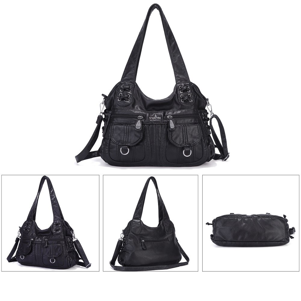 Angelkiss Gewassen Pu Vrouwen Handtas Dame Schoudertas Dubbele-Compartiment En Multi-Pocket Ruim Messenger Tote Met Lange band