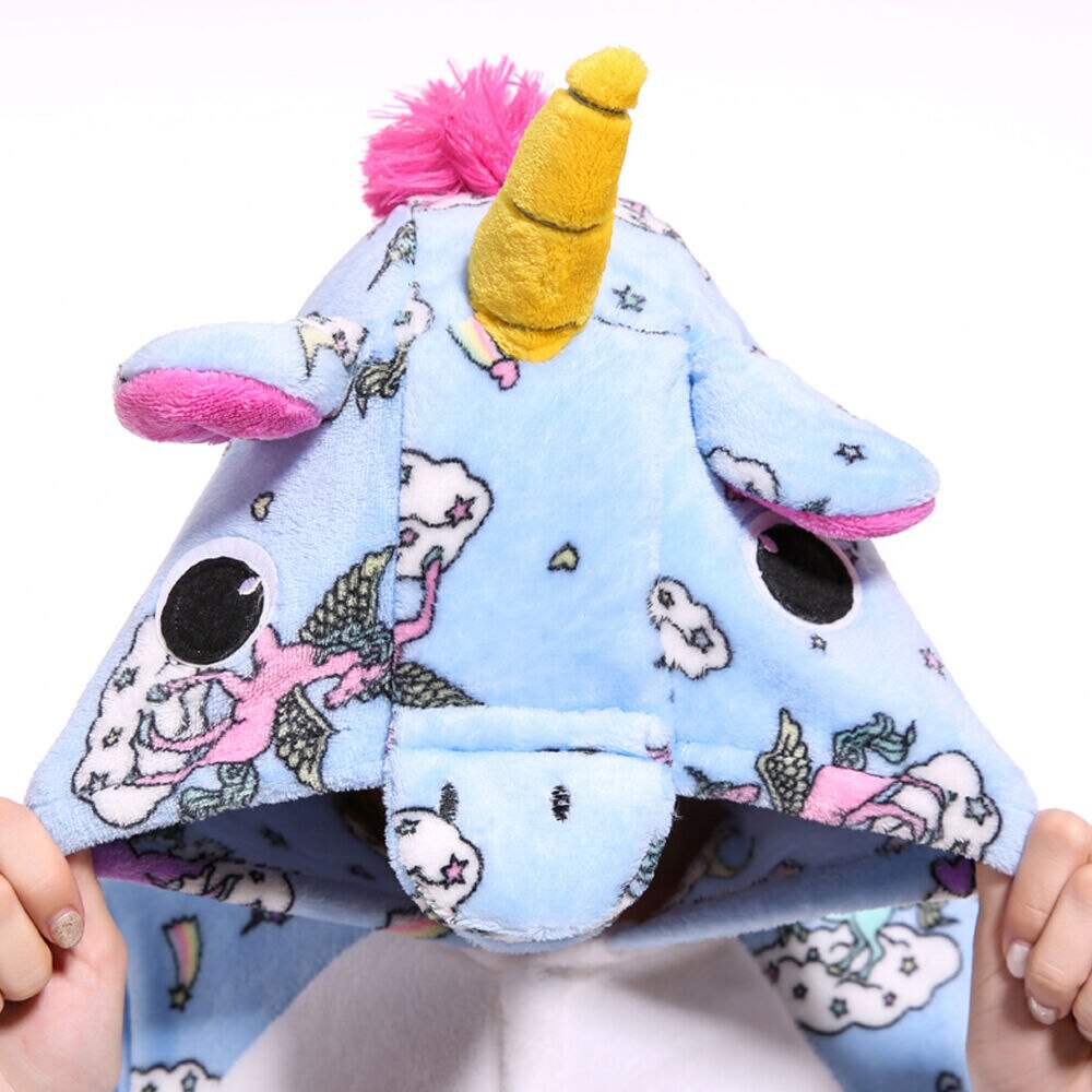 Botón azul unicornio Pegasus disfraz de pijama mono con capucha niños mono niños Kigurumi de las mujeres ropa de dormir Pijamas