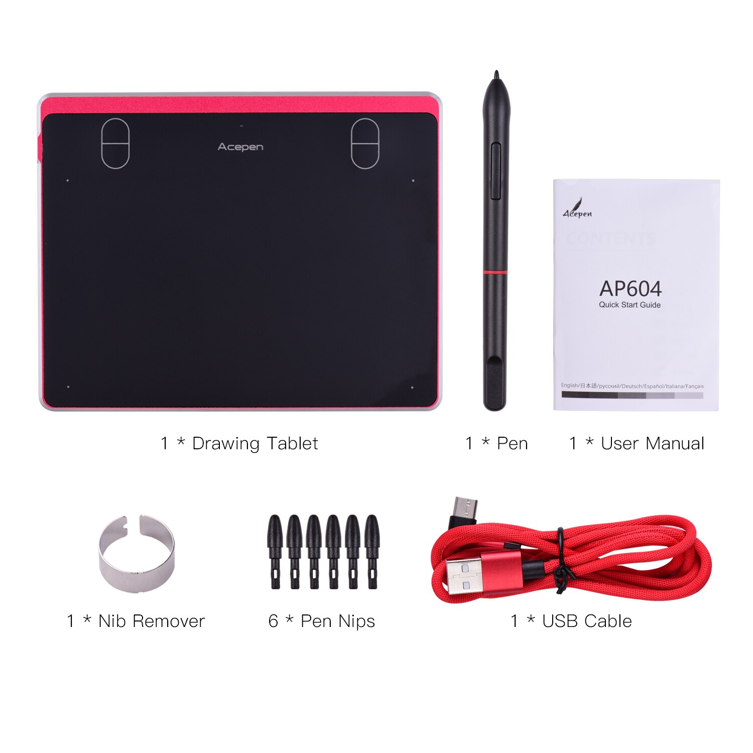 Acepen AP604 Digital Graphic Drawing Tablet 6*4 Inch ActiveArea Ultra-Thin Drawing Board Kit Passive Stylus 8192 Levels Pressure: Red