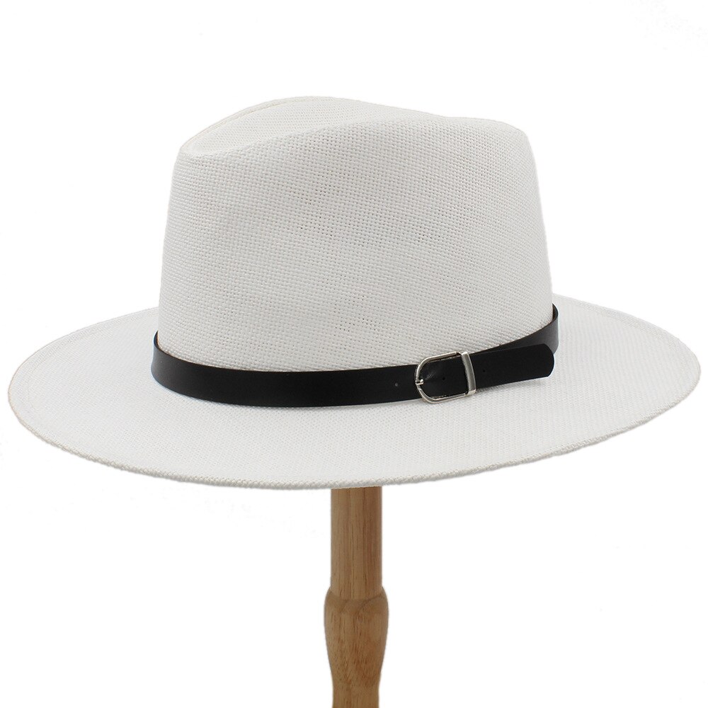 Women Men Straw Summer Sun Hat With Wide Brim Panama Hat For Beach Sunbonnet Sunhat With Belt Size 56-58CM: White