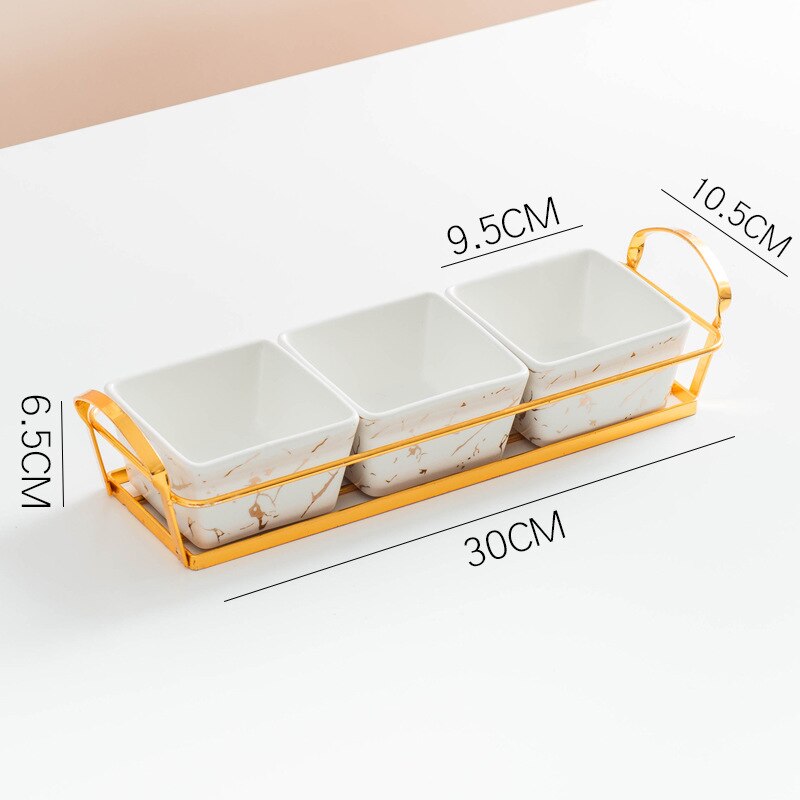 Plato de fruta dividido de cerámica, vajilla de lujo ligera para aperitivos, sala de estar, plato de fruta seca, plato de fruta para postre: 3 grid-bronze white