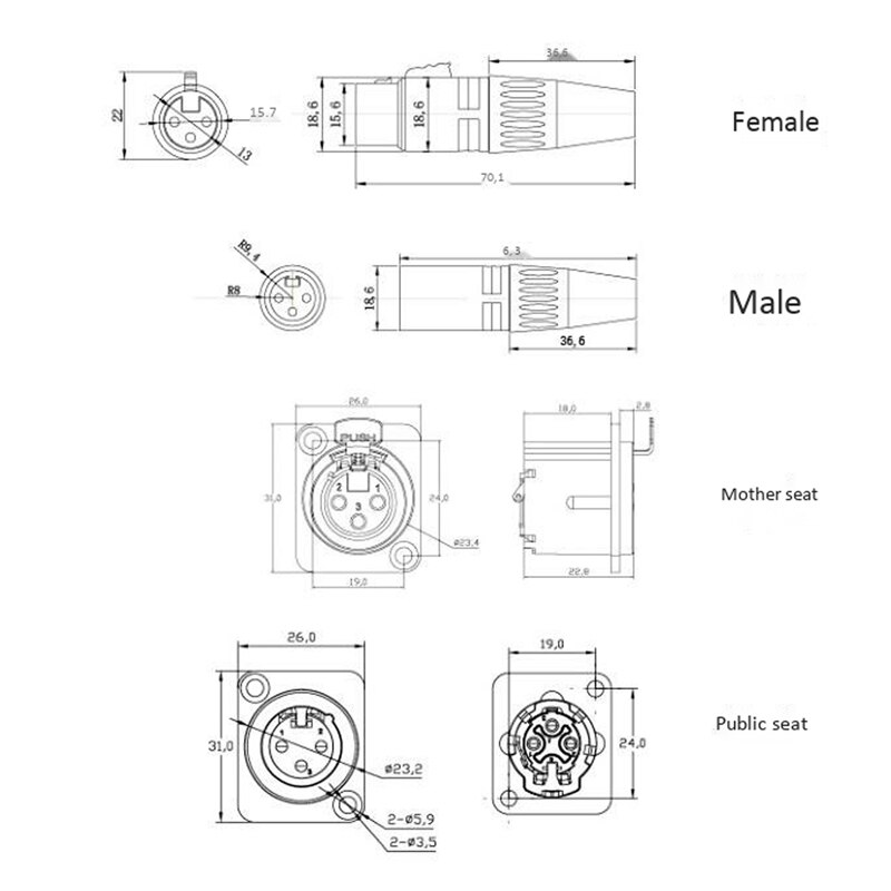 Conector de clavija de serpiente XLR de 3 pines, Conector de enchufe hembra y macho para micrófono, Conector de clavija chapado en oro XLR, 10 Uds.