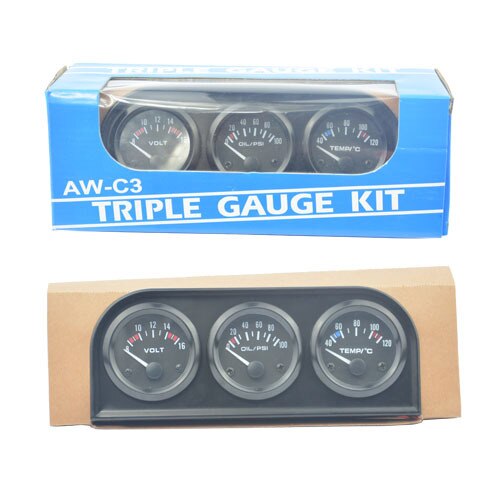 3 in 1 triple gauge kit sort farve med temp & tryk sensor (vand temp gauge + volt gauge + olietrykmåler)