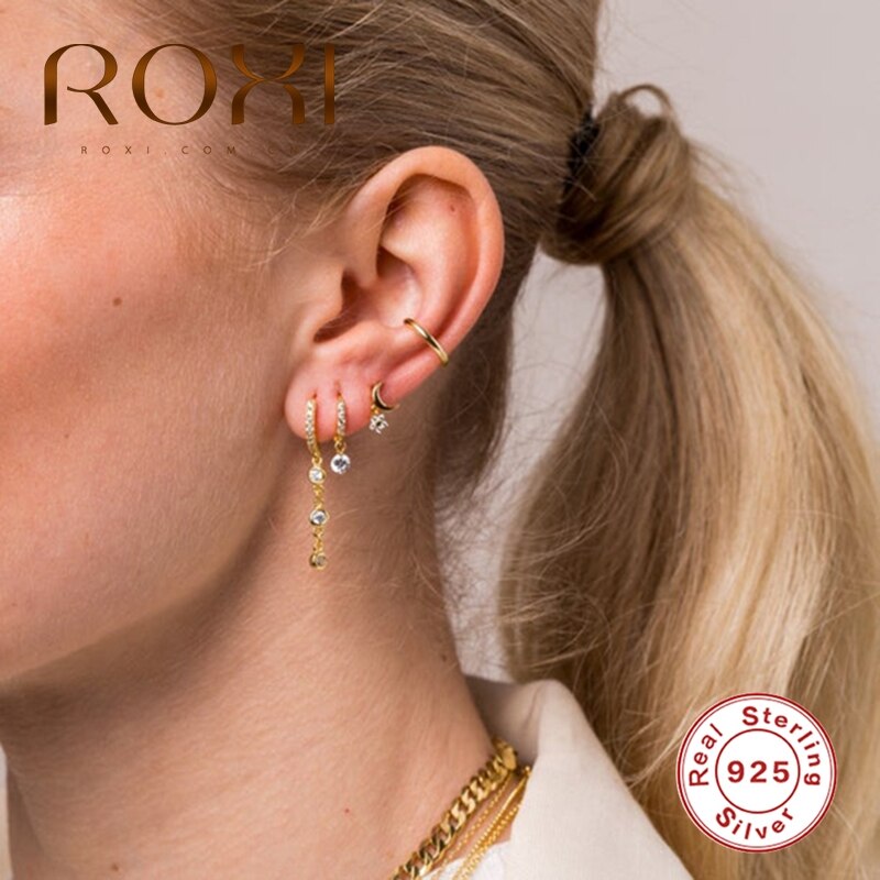 ROXI Luxo 925 Sterling Silver Brincos Rodada Zircon Cristal Longo Pingente Oorbellen Pendientes Mulheres Oscila o Brinco Jóias