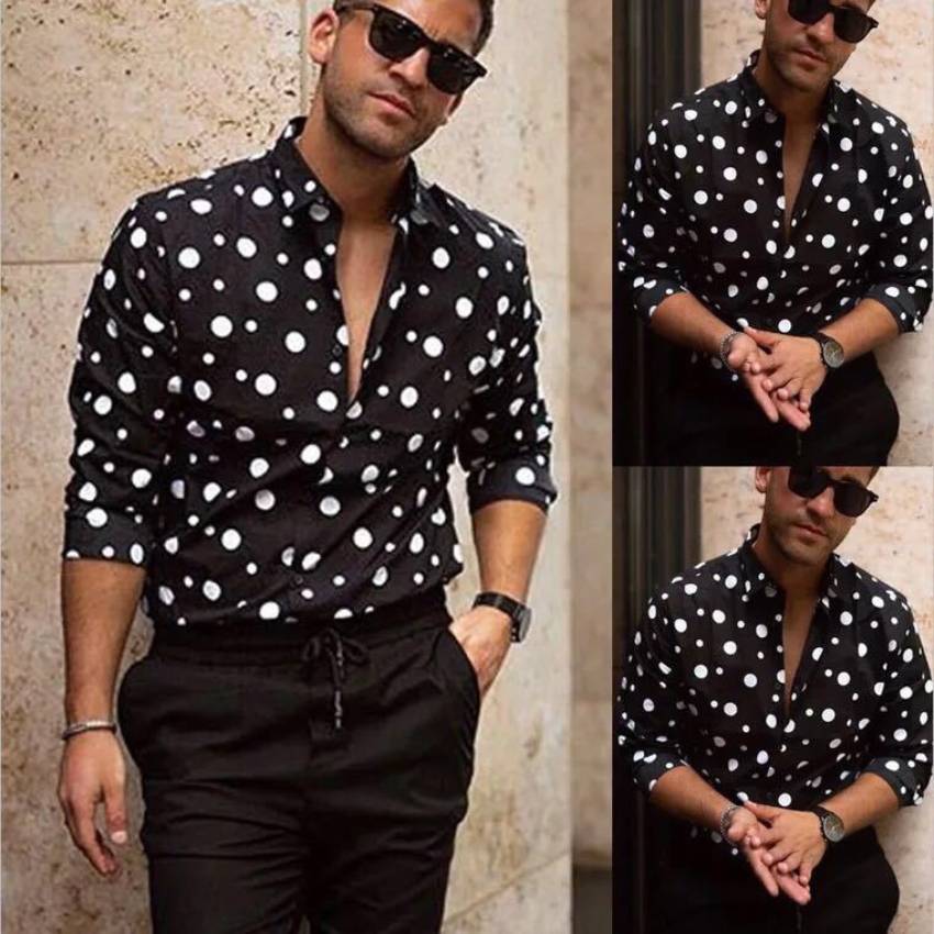 Camisa de lunares para hombre, Camisa ajustada con botones, manga larga, estilo bohemio, informal, para vacaciones, de talla grande,