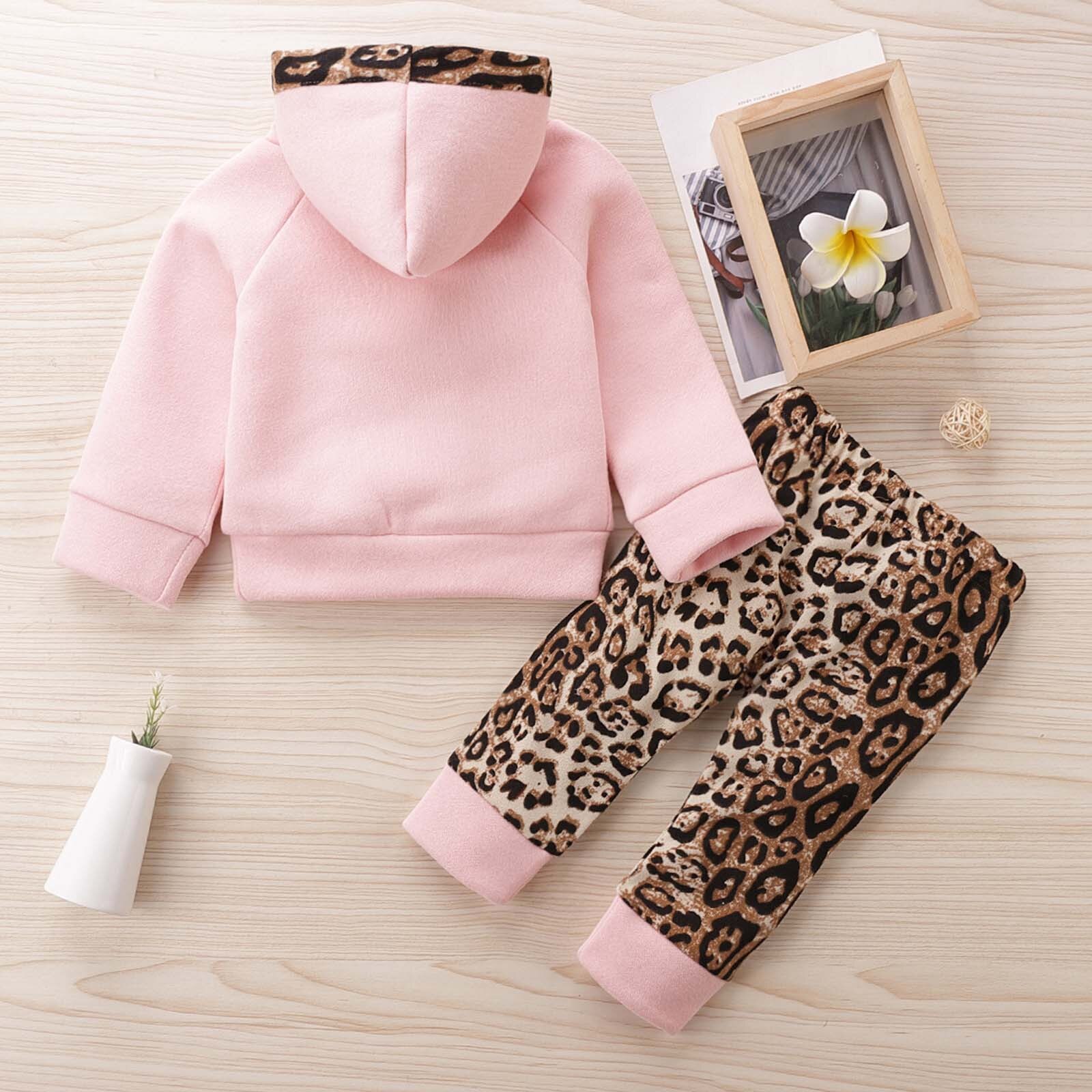 Peuter Set Baby Jongens Meisjes Winter Mode Dikke Warme Capuchon Leopard Pocket Socket Tops + Broek Outfits Kinderen kleding