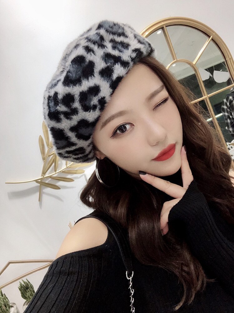 1pc Winter Warm Faux Wool Leopard Beret Women Girls French Artist Beanie Hat Cap Kawaii Leopard Flat Top Caps Warmers