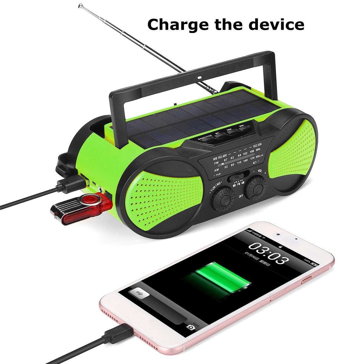 Solar Power Portable Radio 2000mAh Rechargeable WB Crank Emergency Power Bank Hand Crank Self Powered AM/FM Weather