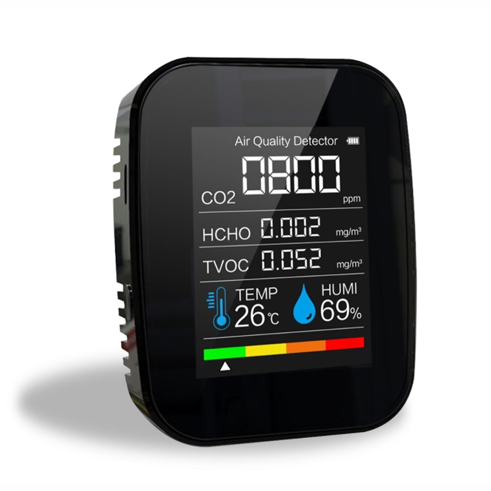 Medidor de CO2 multifuncional 5 en 1 / 3 en 1, medidor Digital de temperatura y humedad, Monitor de del aire, Detector de dióxido de carbono TVOC HCHO: 5 in 1 Black