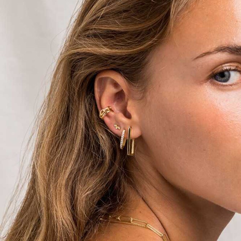 GS 925 Sterling Silver Minimalist Square Rectangle Gold Hoop Earrings For Women Chic Geometric Beads Huggie Earring Jewelry