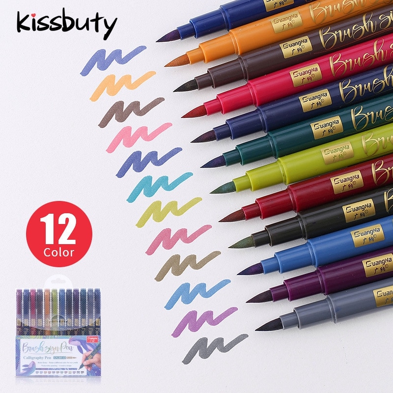 12 Kleur/Set Kalligrafie Pen Borstel Markers Handtekening Ontwerpen Fine Liner Pen Art Marker Voor Tekening Manga Coloring schets