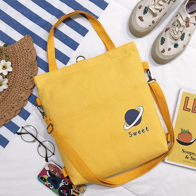 Multi-function Two pocket Canvas Women Shoulder Bag Cotton Tote Shopper Bag Eco Reusable Shopping Bag Handbag Cloth Backpack: Yellow