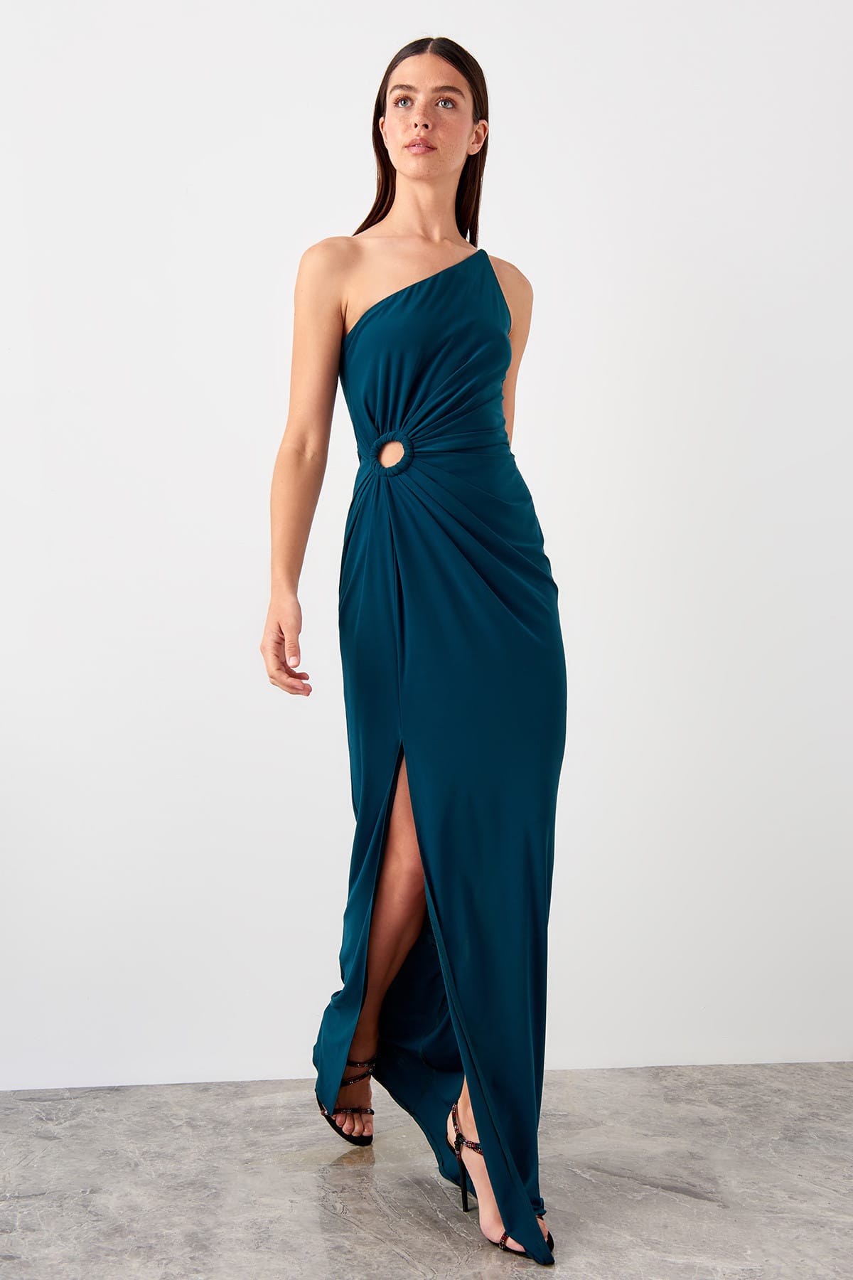 Bubbleroom SQUARE NECK SLIT MAXI DRESS - Maxi-jurk - dark green/donkergroen
