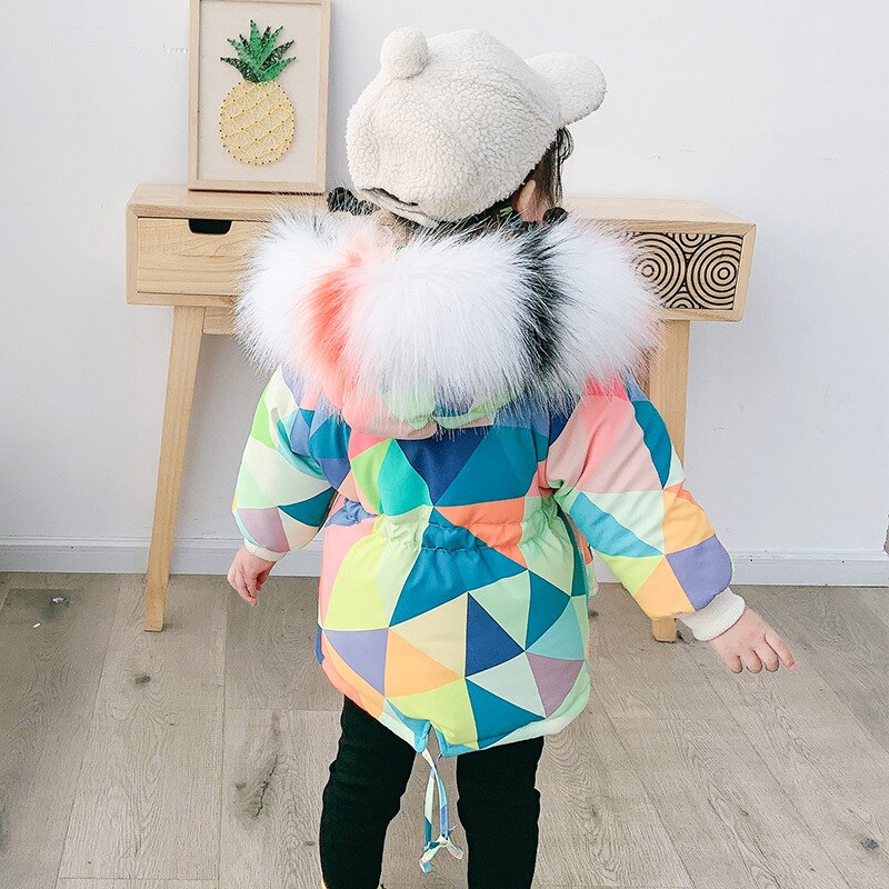Boy Winter Jacket Coat Girl'S and Boy Geometry Printed Fur Collar Plus Velvet Cotton Coat Korean-style Winter Kids Coats