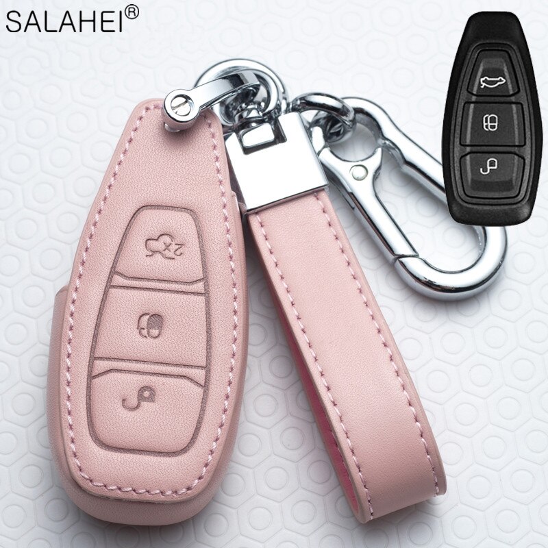 Lederen Auto Key Case Cover Voor Ford Fiesta Focus 23 MK2 MK3 Mondeo MK4 Ecosport Kuga Escape Explorer Ranger Styling accessoires: B-pink