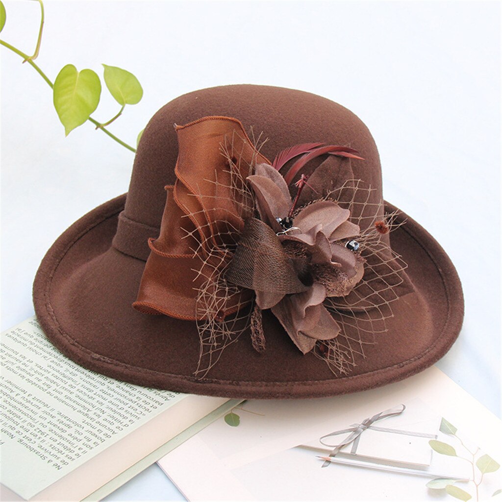 Vintage Black Wool Felt Cloche Hat With Bowknot Wide Brim Bowler Winter Fedoras Ladies Yellow Blue Floppy Derby Hats Cap#p5