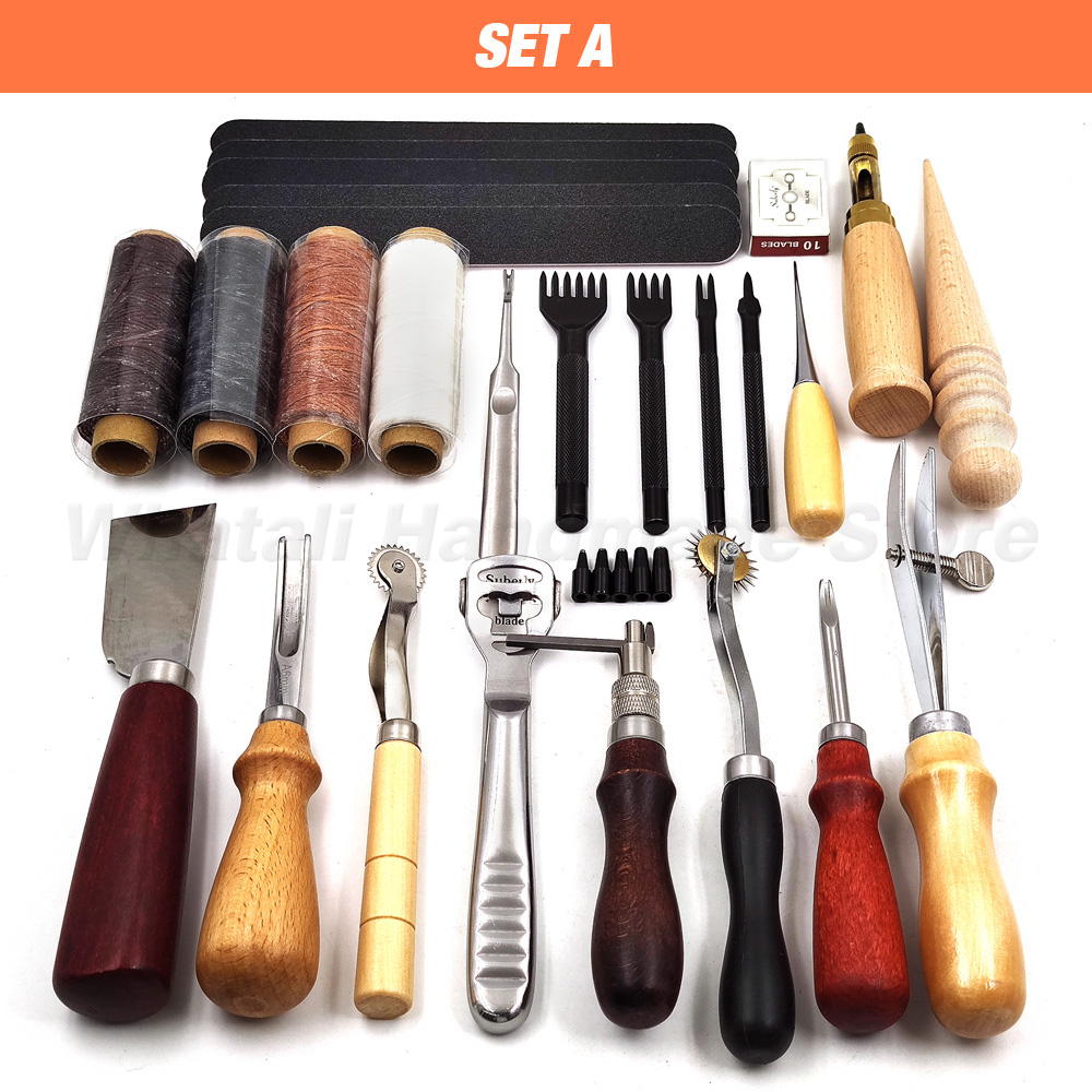 Leathercraft Tool Set Kits Pine Wood Hand Stitching Clamp Leather Punching Carving Saddle Groover Tools Storage Leathercraft DIY: SET A