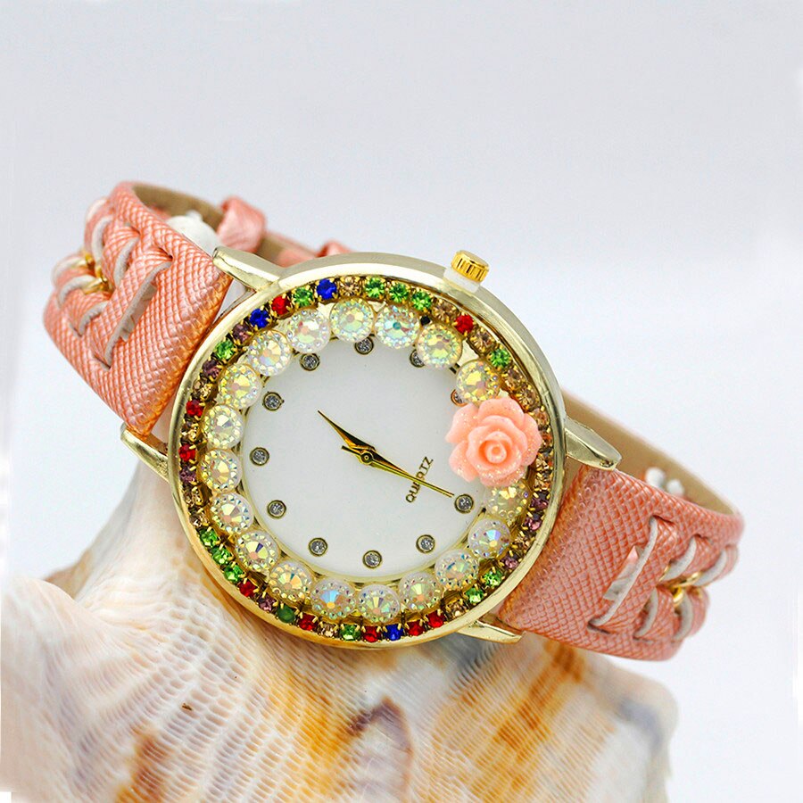 Ladies Flower Hand-knitted Wristwatch Rose Women Dress Watch Color Sparkling Rhinestone Leather Strap Clock Sweet Girl Watch: pink