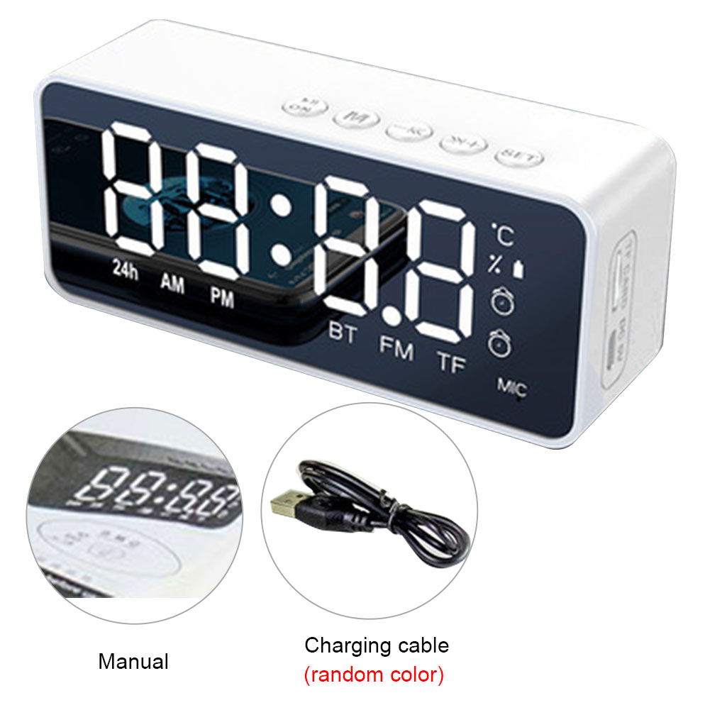 Digital Alarm Clock With Wireless Speaker Mini Household -compatible LED Display USB Rechargeable For Bedroom FM Radio: white