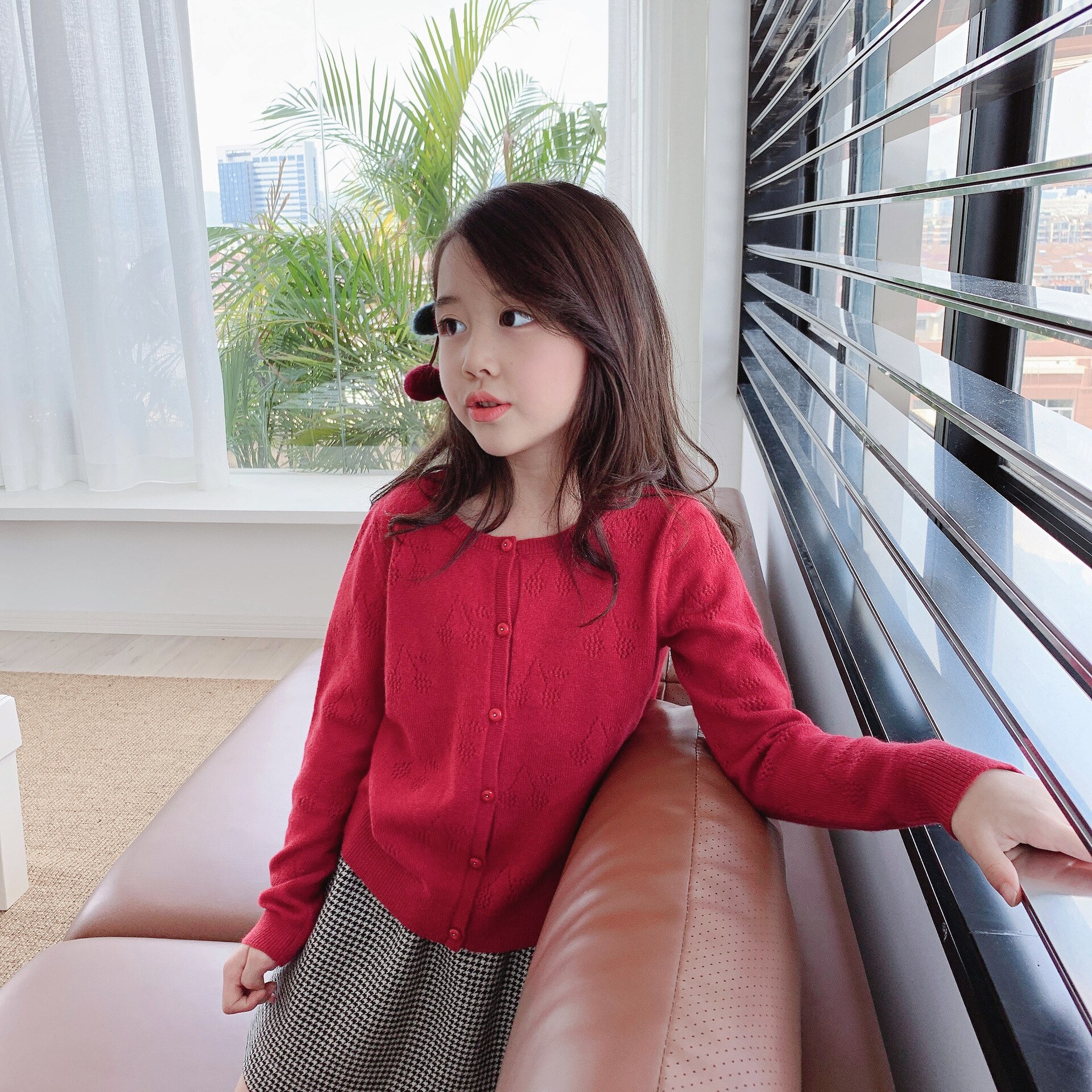 Kids jacket children clothes solid red colour cherry pattern knitting jacket for girls presell September 30th ship