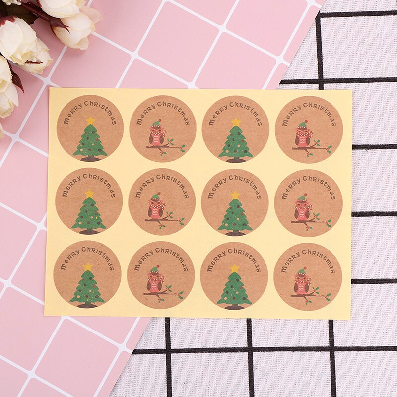 120 stuks = 10 vellen handgemaakte vrolijke kerstboom uil taart verpakking sluitlabel kraft sticker bak diy stickers