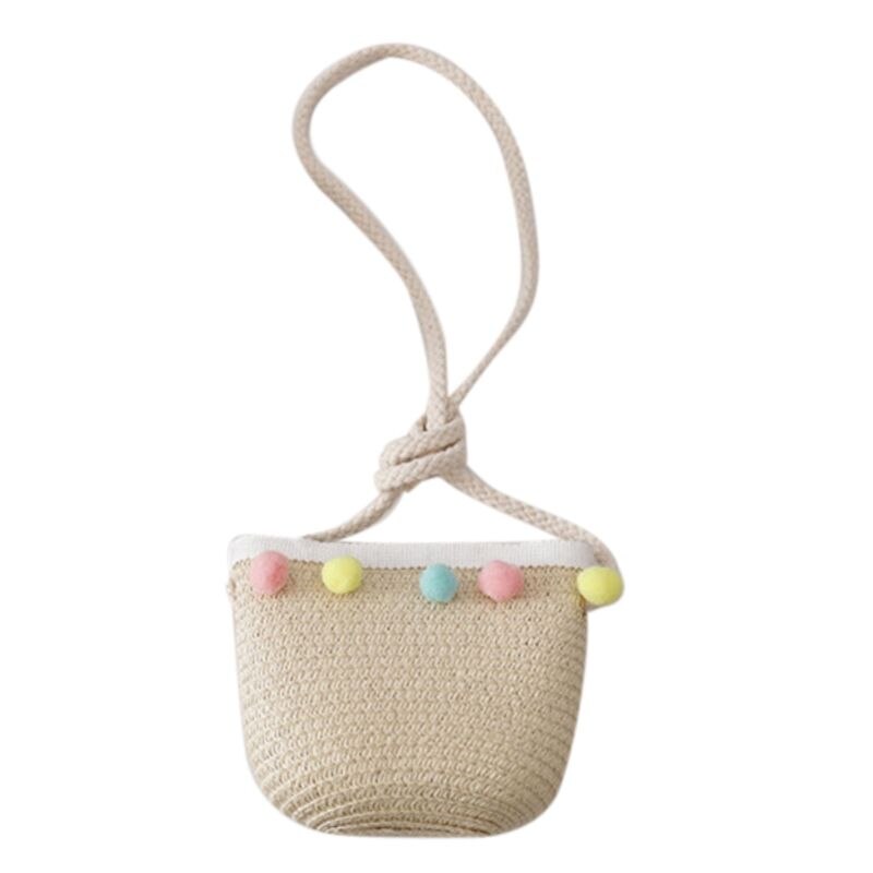 Kids Girls Large Wide Brim Straw Woven Sun Protection Beach Hat Colorful Pompom Ball Summer Floppy Bucket Cap Portable Handbag: H