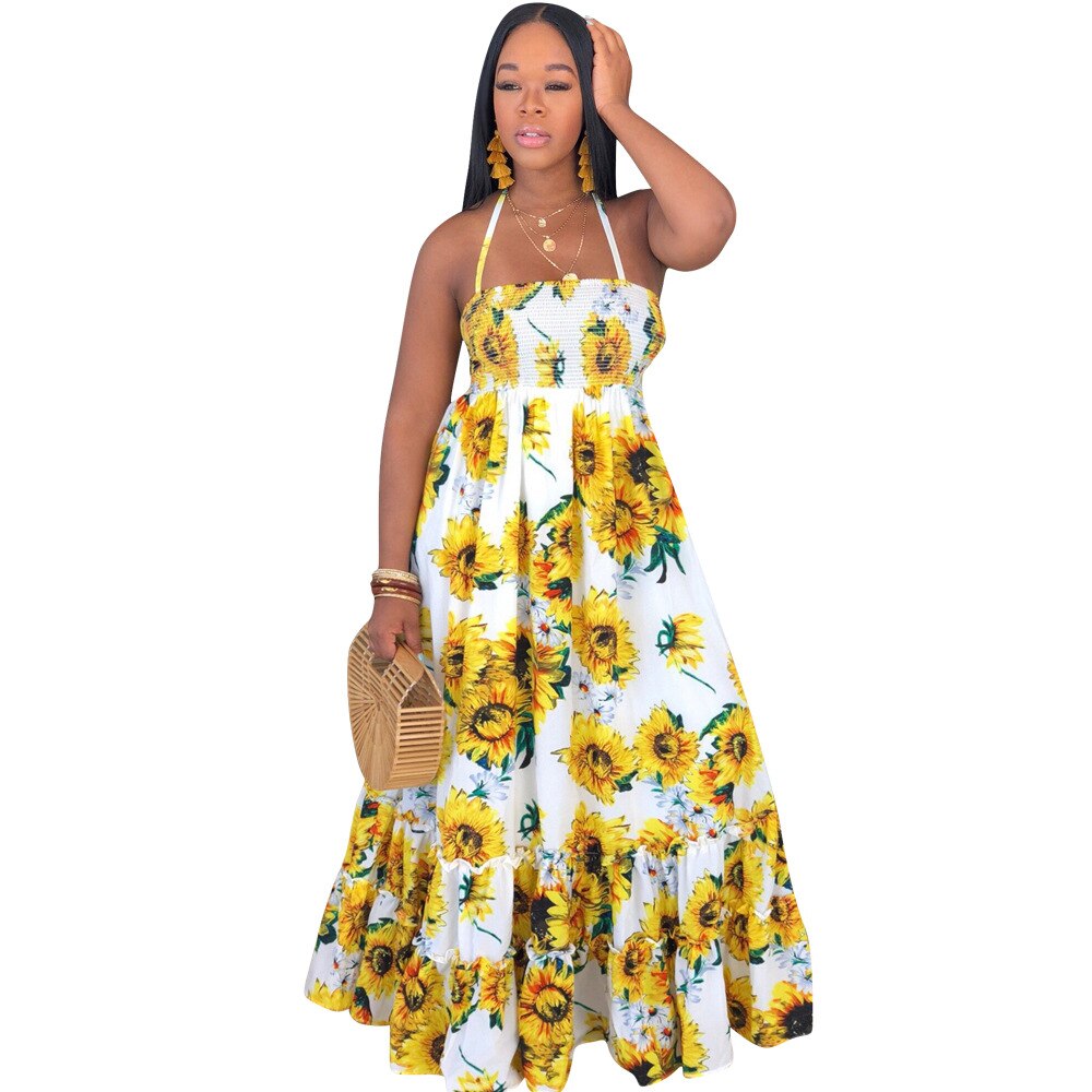 Vestido largo femenino de verano con estampado de girasol, traje largo vintage con estampado de girasol para mujer, cuello hatler, sin mangas, swing grande, vestidos largos a la , GlSMN3087,: Blanco / S