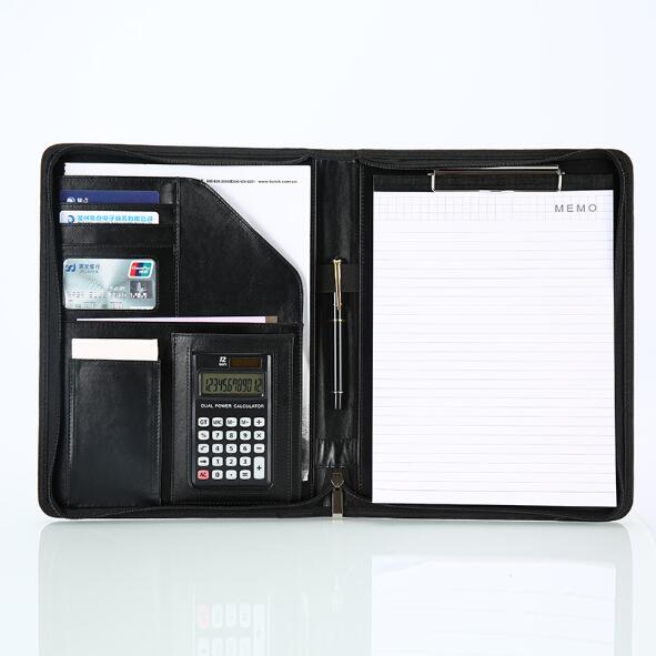 Multifunktionel  a4 pu læder forretningsdokument klipfil mappe notesbog dokumentmappe med lommeregner padfolio binder manager