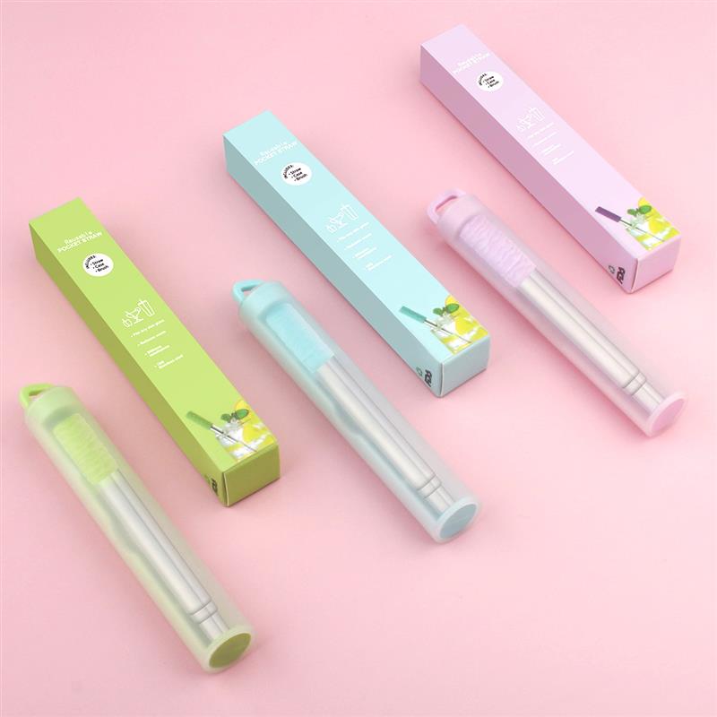 Reusable Stainless Steel Straws With Aluminum Keychain Case Cleaning Brush Collapsible Telescopic Portable Drinking Straws