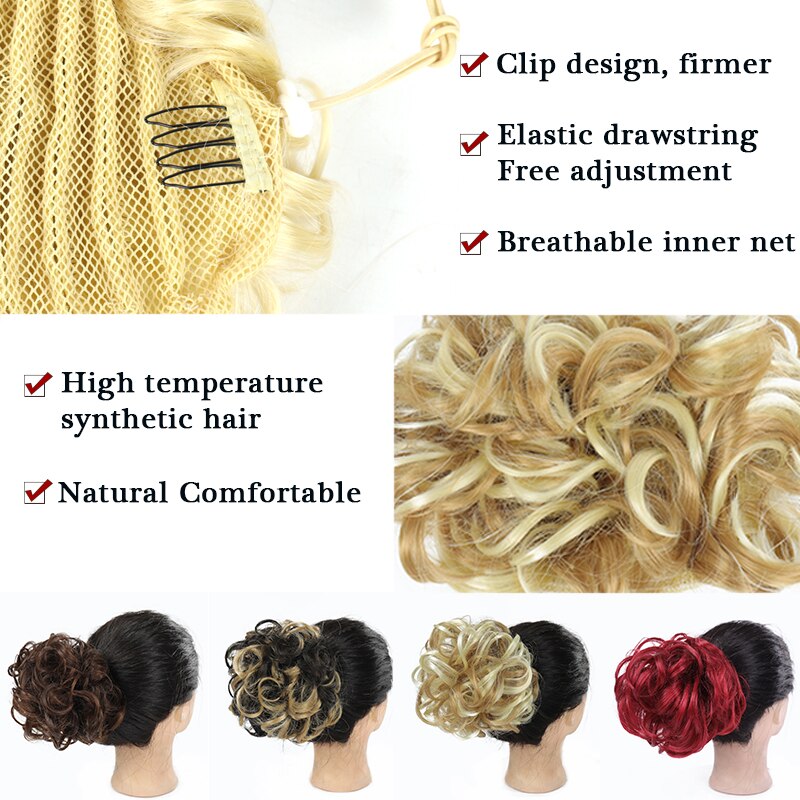 Ailiade rörigt hår bulle lockigt chignon syntetiskt hårstycke för kvinnor hår elastiskt gummiband 2 kamklämma i uppsatt hårförlängning