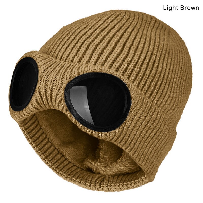 Dihope winter warme gebreide mutsen unisex volwassen winddichte skimutsen met afneembare glazen dikke sport multifunctionele: Koffie