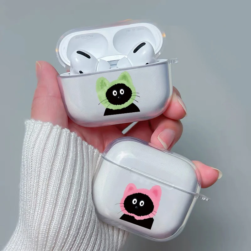 Funny Cartoon Black Cat Earphone Case For Apple AirPods 4 3rd 2 Pro 2 Transparent Cover For Airpod 1 3 Protective Cute Box Shell