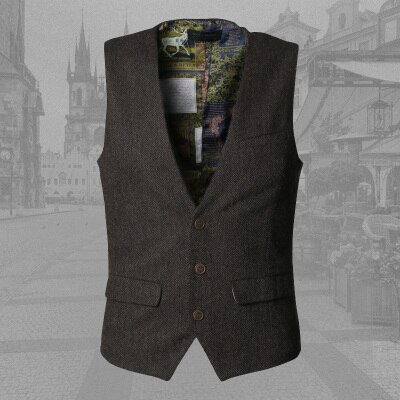 Casual sem mangas jaqueta casaco masculino colete formal vestido terno colete fino três botão de lã colete terno britânico 2020: Coffee / XXXL