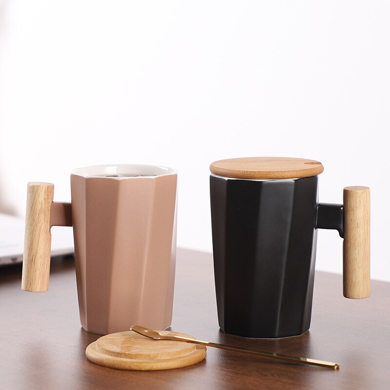 380ml Wood Handle Ceramic Coffee Mug Polygonal Office Home Milk Tea Cup For