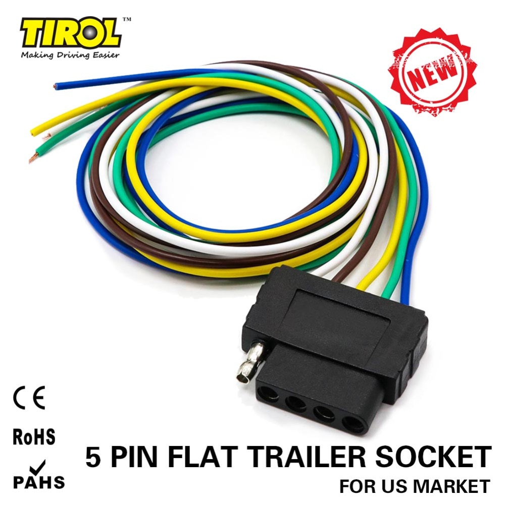 TIROL 5-Way Flat Trailer Wire Harness Extension Connector Socket with 36 inch Cable Length End Connector T24512b