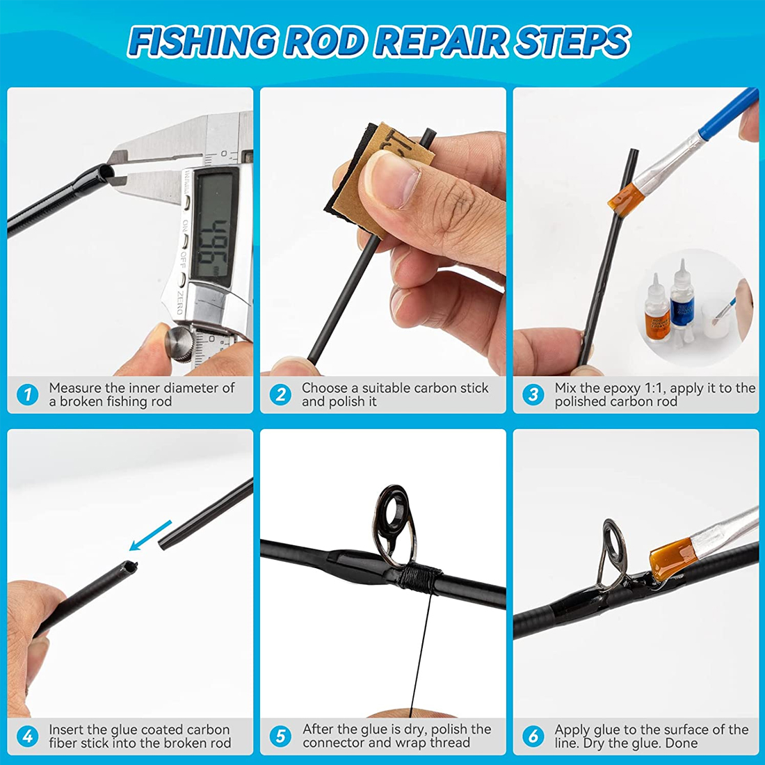 FishTrip-Kit de palos de pesca de fibra de carbono para reparación de cañas, alta resistencia, 1mm ~ 10mm x 10cm, para reparación de cañas de pescar rotas