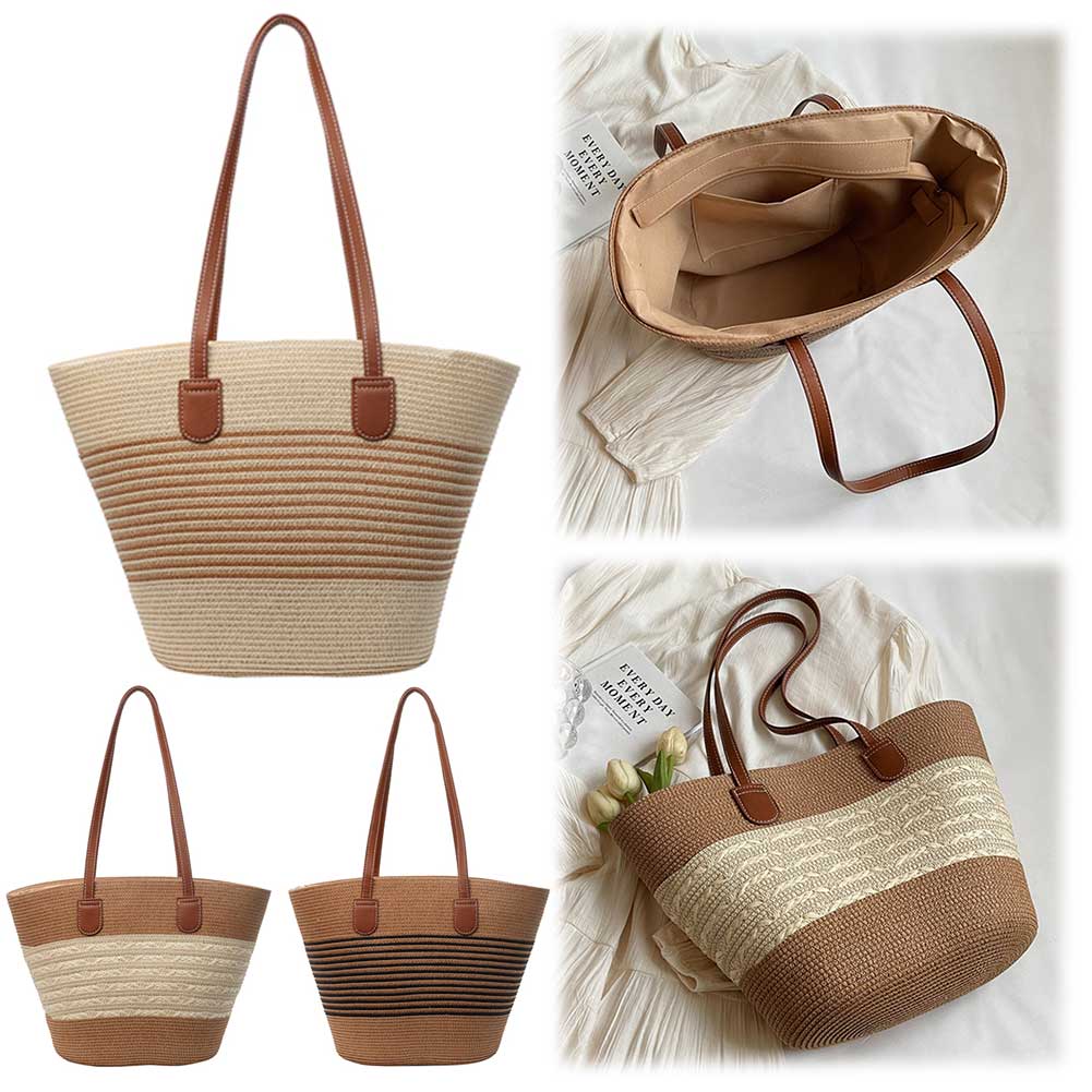 Dame tote taske med lynlås stribe vævet ferietaske stor kapacitet håndlavet taske ensfarvet til shopping arbejde strandtaske