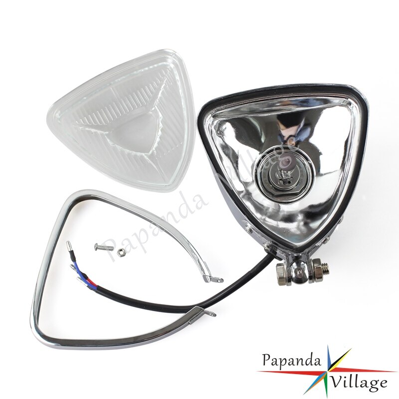 Phare triangulaire universel chromé pour motos Harley XL883 XL1200 Street Bob Fat Bob Low Rider Chopper, ambre H4 12V