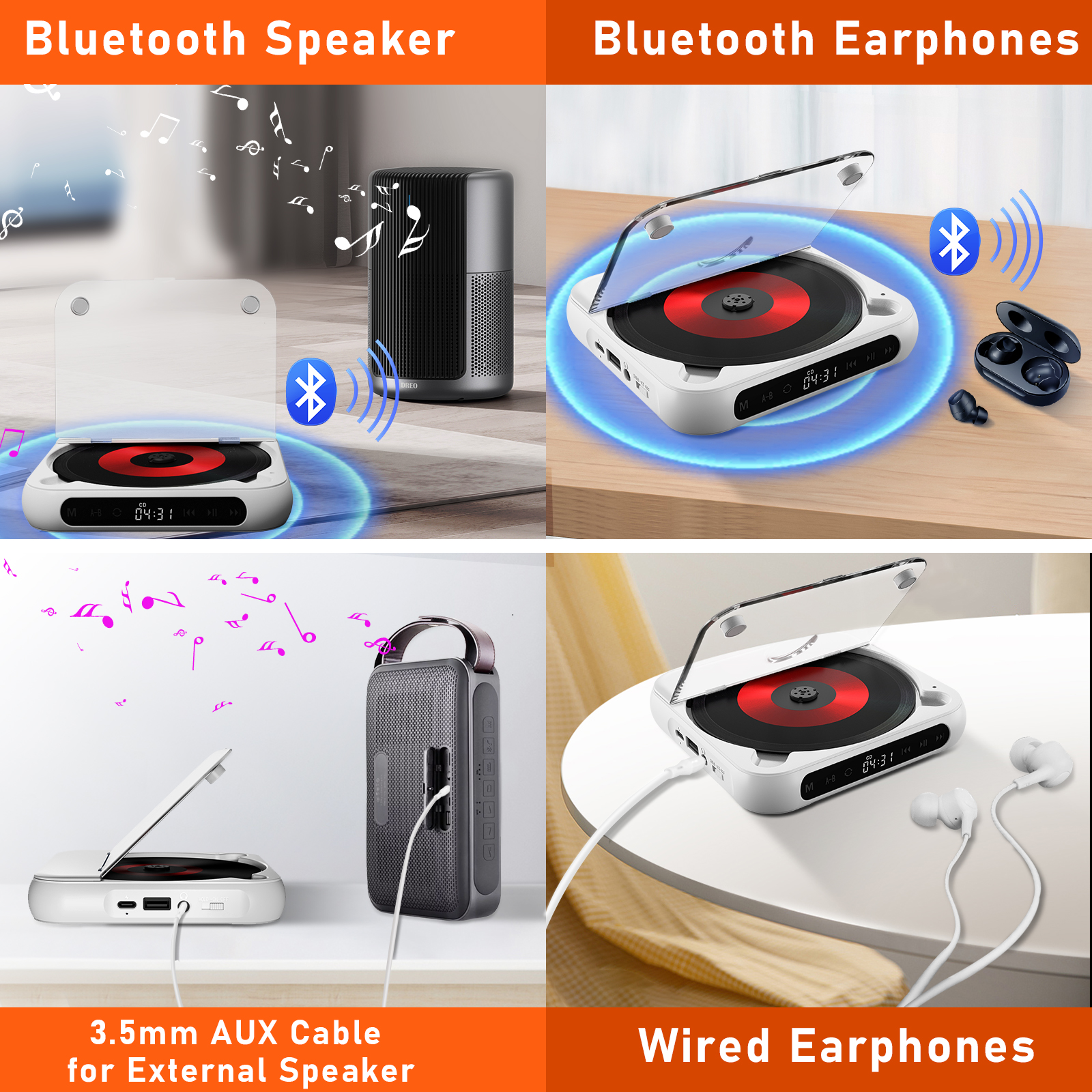 Reproductor de CD KC918: altavoz Bluetooth portátil, pantalla LED, reproductor estéreo, de sonido HIFI, batería recargable integrada de 2000 mAH
