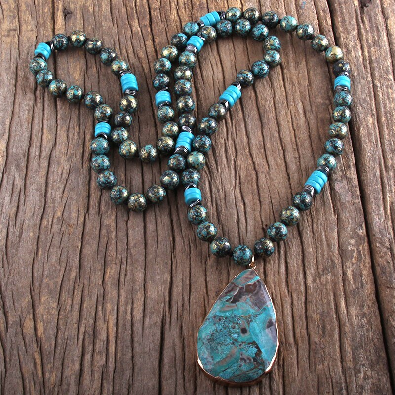 Rh Boho Sieraden 10Mm Ccb Bead Lange Geknoopt Met Semi Precious Hanger Kettingen Vrouwen Bohemen Ketting: 1