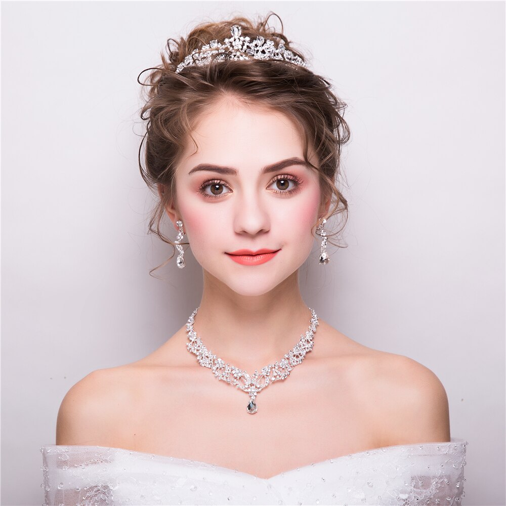 Koreanisch Strass Schmuck setzt Prinzessin Hochzeit Braut Halskette Anhänger Frauen Party Tiara Krone mit Baumeln Ohrringe Neue