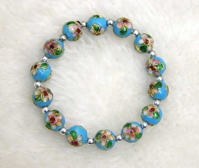 Cloisonne cielo-azul redondo 10mm cuentas y cuentas de plata tibetana pulsera-bra126 /al por menor
