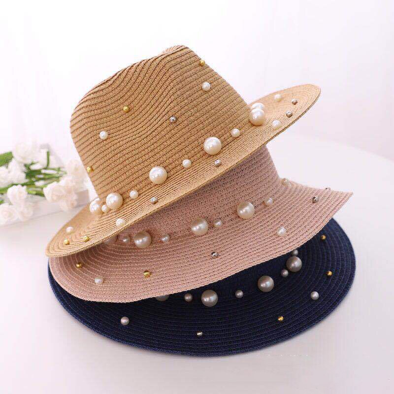 summer ladies spring hats flower beads wide brim jazz panama straw sun visor beach hat flower rivet pearl straw hat cap