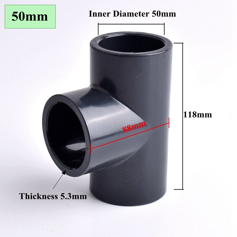 I.D 20~63mm Dark Grey UPVC Pipe Equal Tee Connector Irrigation System Hydroponic Planting Frame Plastic 3-Way Tee Socket Joint: 5pcs / Inner Dia 50mm