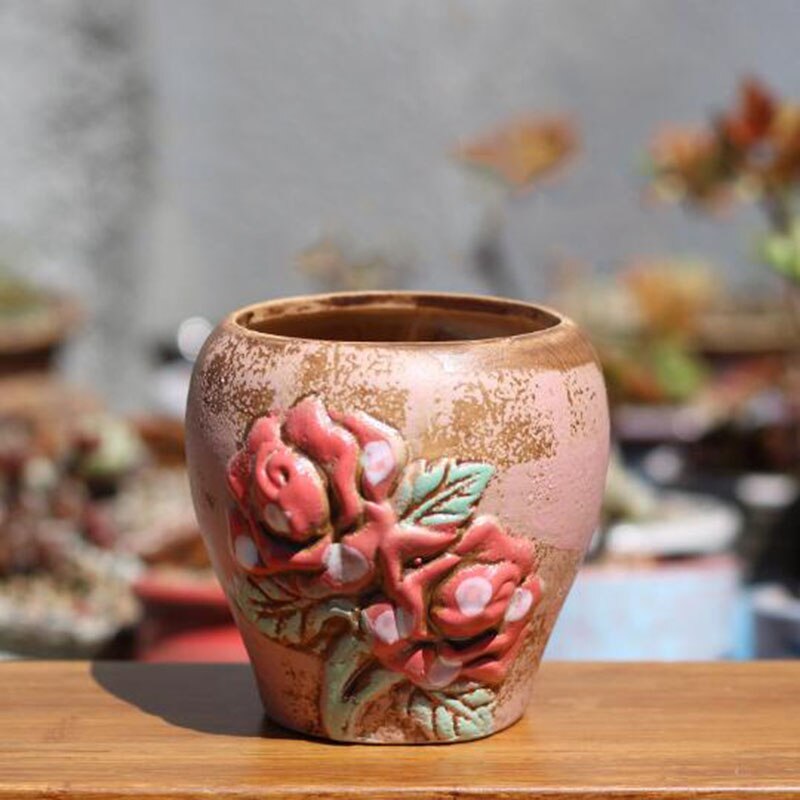 Keramisk blomsterpotte håndmalet saftig plantepotte groft keramik blomstermønster vase haven bonsai potter: 3