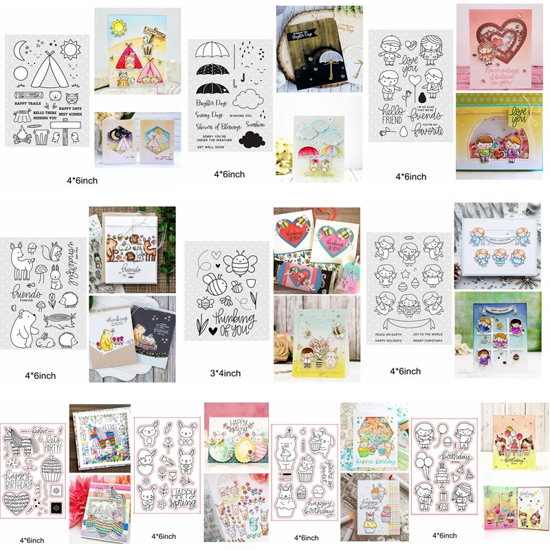 Sellos de silicona transparente para niños y niñas, bonitos animales mezclados, pastel de feliz cumpleaños, abeja, Ángel, unicornio, sello transparente, fabricación de tarjetas artesanales